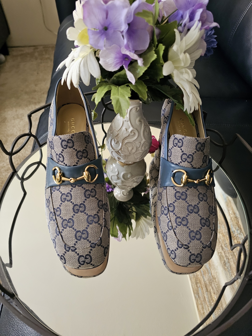 Gucci Women Beige/Blue GG Canvas Horsebit Loafers